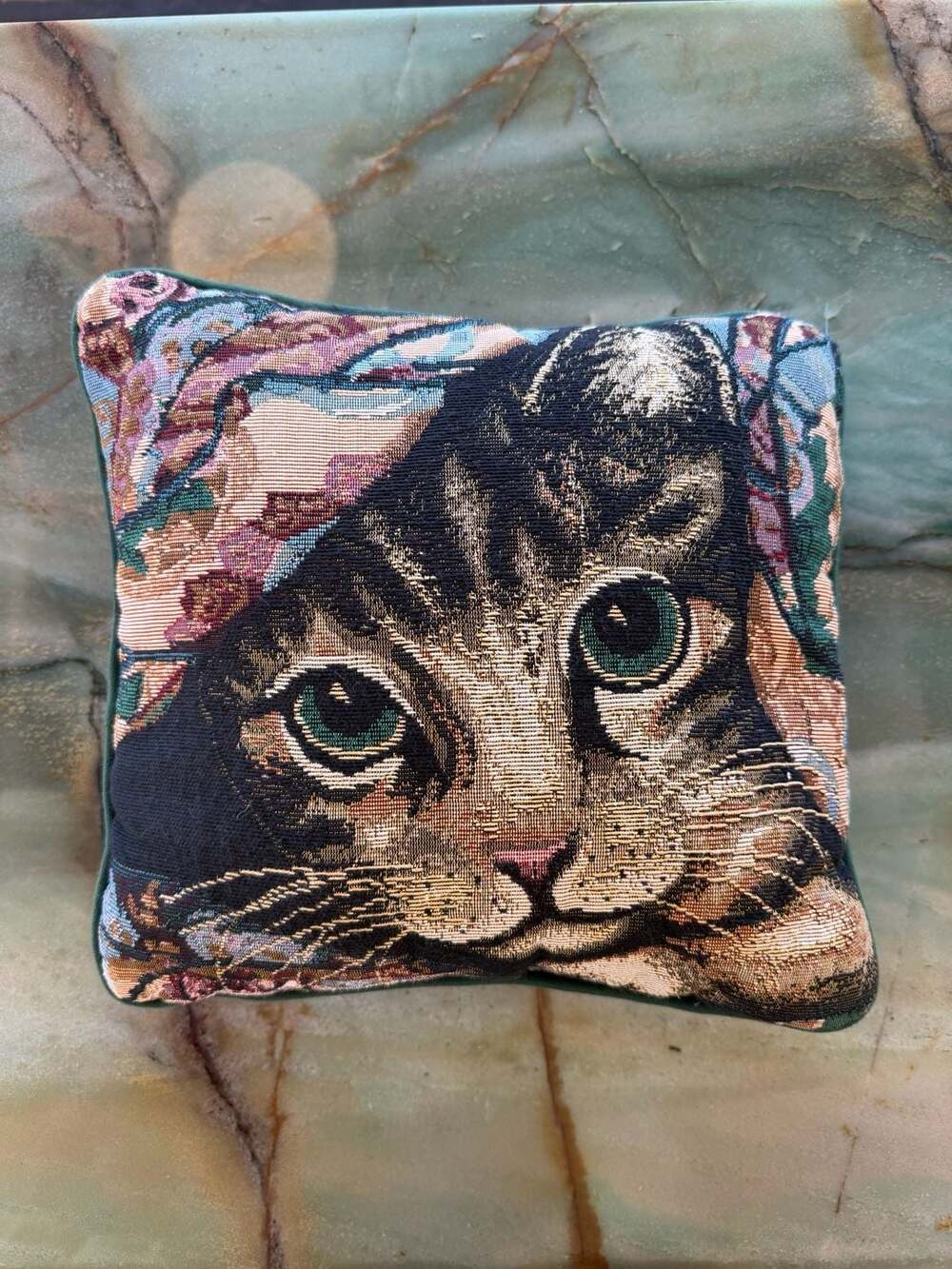 Vintage Cat Tapestry Throw Pillow 12 Inch Green Backing Woven
